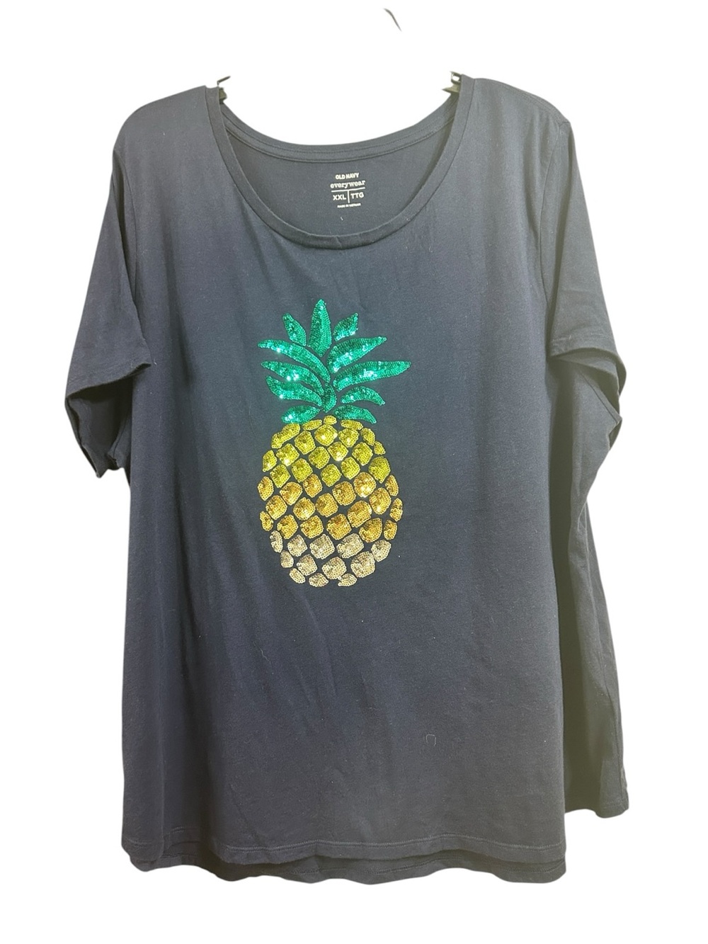 Navy Tee with Green, Gold & Silver Sequin Pineapple